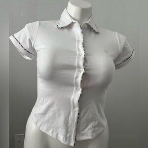 Vintage Women’s Burberry Shirt Short Sleeve WHITE 100% Stretch Cotton LARGE NWOT